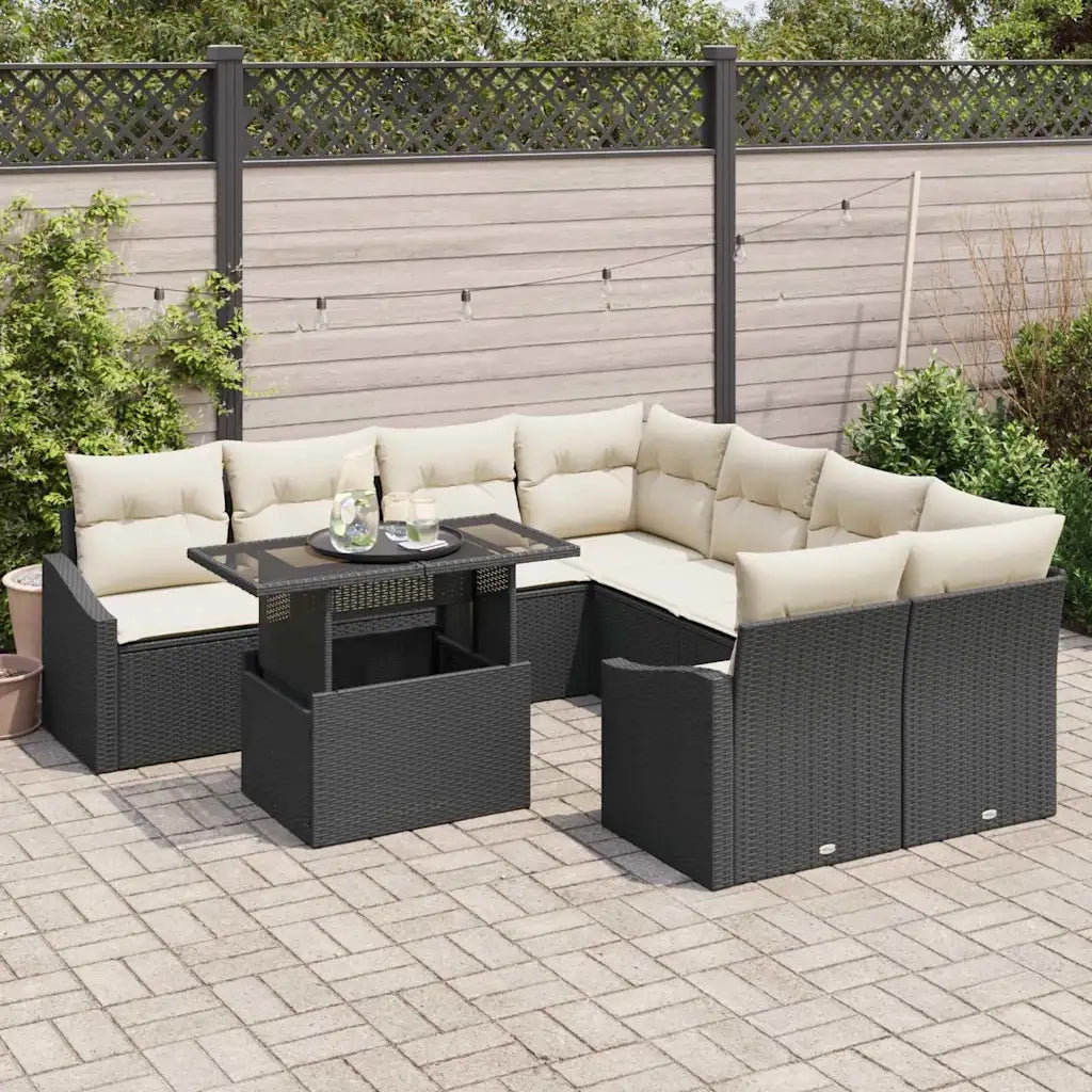 Set Divano da Giardino 9 pcs Nero e Crema polyrattan