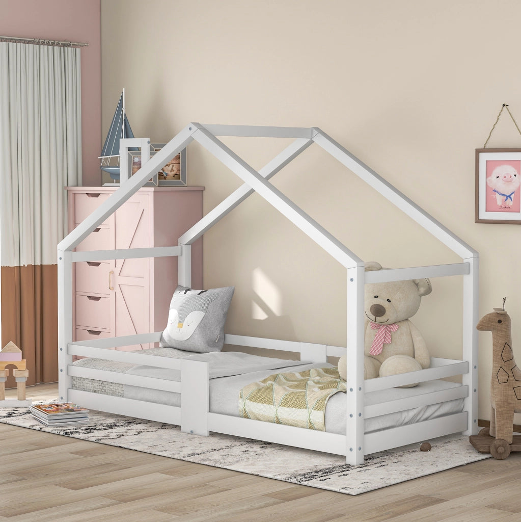 Letto a casetta 90x200 cm con sponda; legno; bianco (Senza materasso)