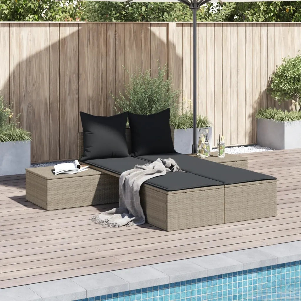 Lettino Prendisole | Sdraio da giardino | Lettino da sole Doppio con Cuscini Grigio Chiaro Polyrattan