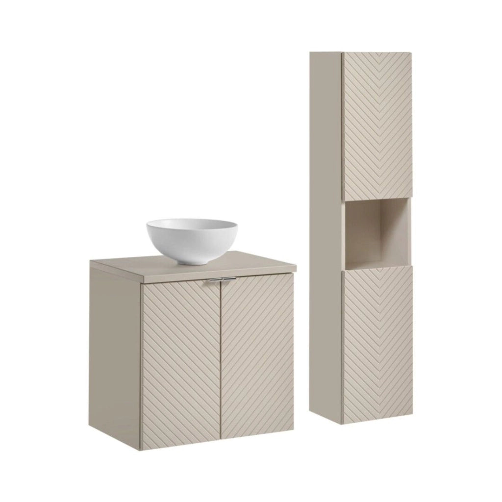 Insieme AOKI: mobile sottolavabo con armadietti 60cm + piano lavabo beige + lavabo rotondo bianco da appoggio + colonna