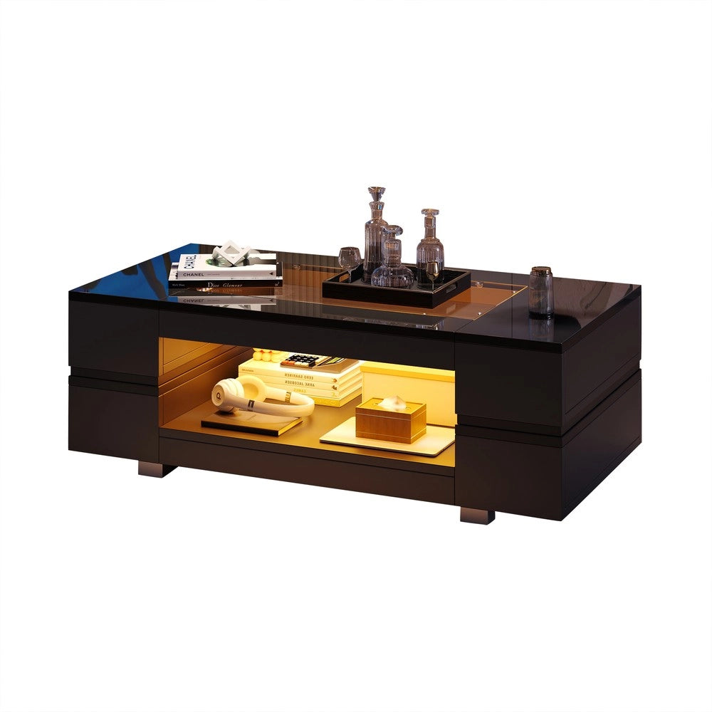 Tavolino da Caff¨¨ LED con Bluetooth ¨C MINIMAL ¨C Nero, Doppio Piano, Lucido