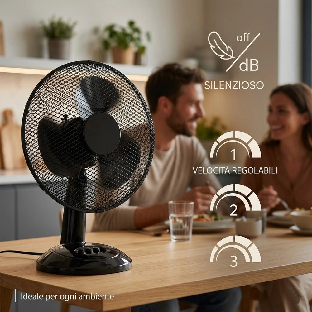 Ventilatore da Tavolo Diametro 30cm Potenza 35W Nero con 3 Velocità Silenzioso