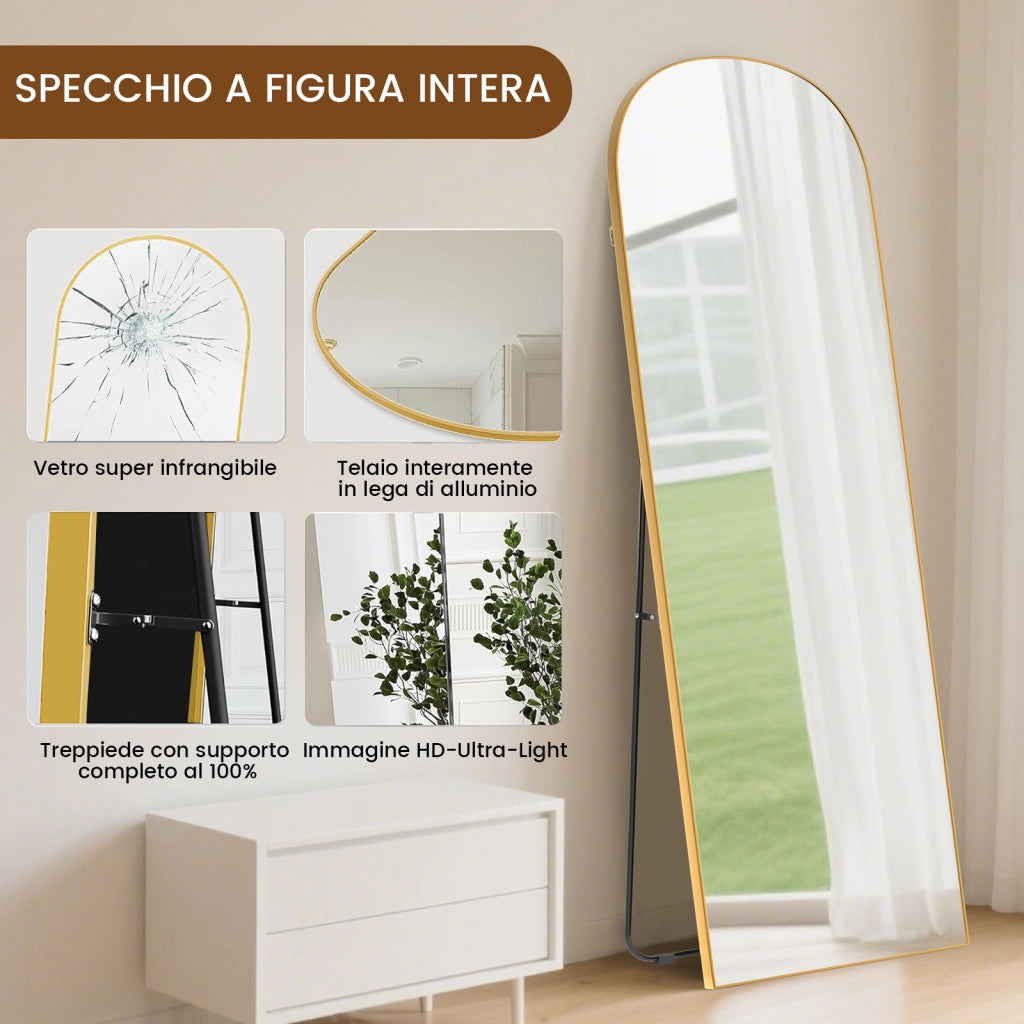 Specchio a figura intera 162 x 52 cm, specchio arcuato, specchio da terra con supporto, specchio arcuato a figura intera, oro, da terra o inclinabile