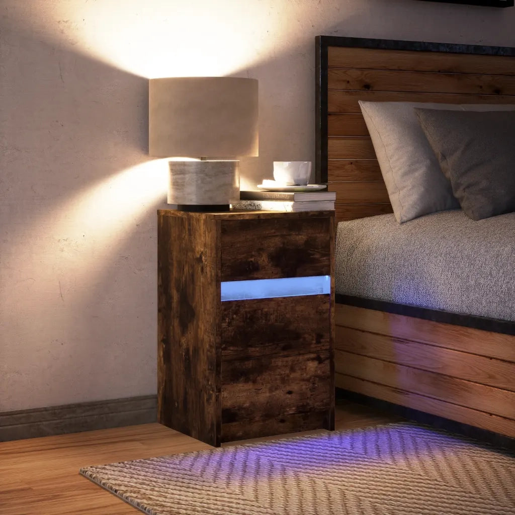 Comodino con Luci LED-Tavolino da notte Rovere Fumo in Legno Multistrato 904337