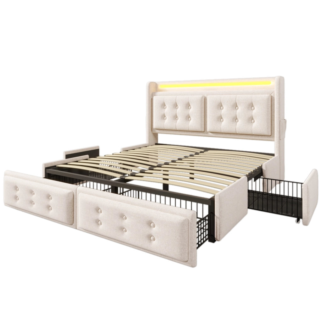 Letto matrimoniale 180x200 cm con LED; USB C e 4 cassetti; tessuto beige