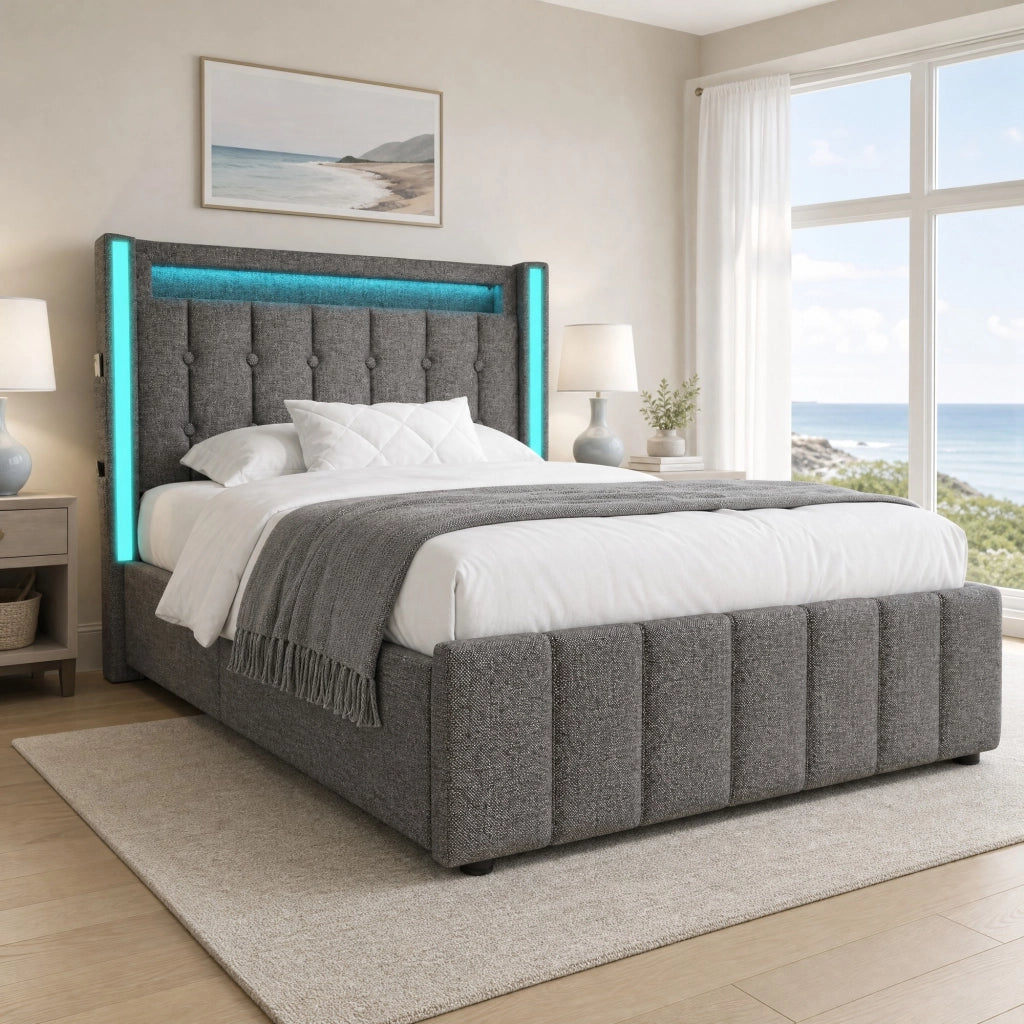 Letto singolo imbottito ULEVR 90x200 cm con materasso, LED, USB/Type-C e 2 cassetti, grigio