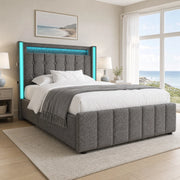 Letto singolo imbottito ULEVR 90x200 cm con materasso, LED, USB/Type-C e 2 cassetti, grigio