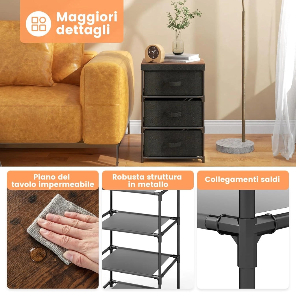 Cassettiera in Tessuto, Mobile con 3 Cassetti e Struttura Robusta in Metallo, Armadio per Camera da Letto, Soggiorno, Ingresso, 40 x 30 x 62 cm (Nero 2 Pezzi)