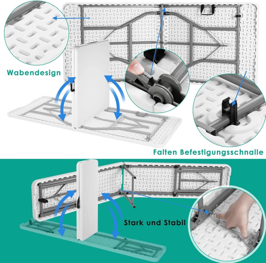 Set Tenda da Birra da 3 Pezzi 183cm, 1 Tavolo e 2 pcs Panche Pieghevoli, Set di Mobili da Giardino in Plastica HDPE, Set Birreria con Manico di Trasporto, per Campeggio Picnic Esterno, Bianco