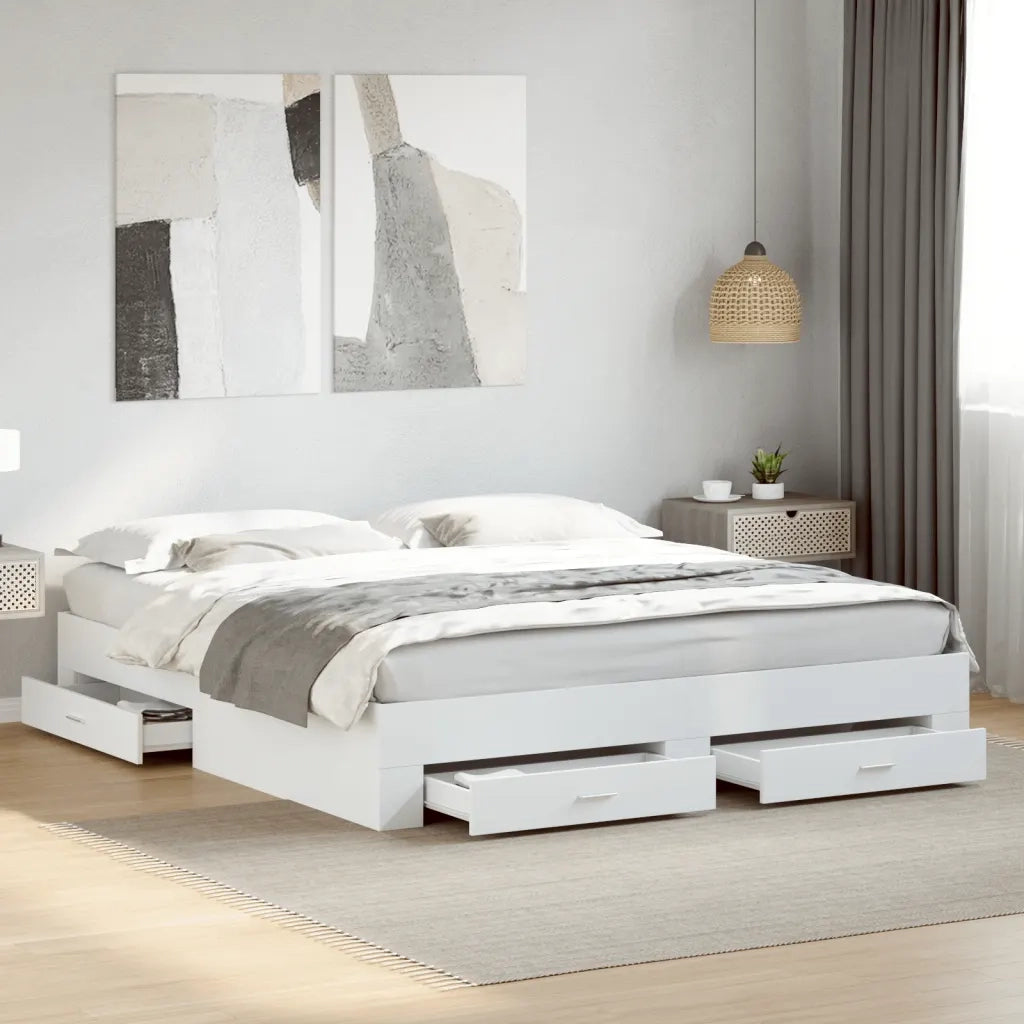 Letto matrimoniale | Letto per adulti | Giroletto con Cassetti Bianco 200x200 cm in Legno Multistrato