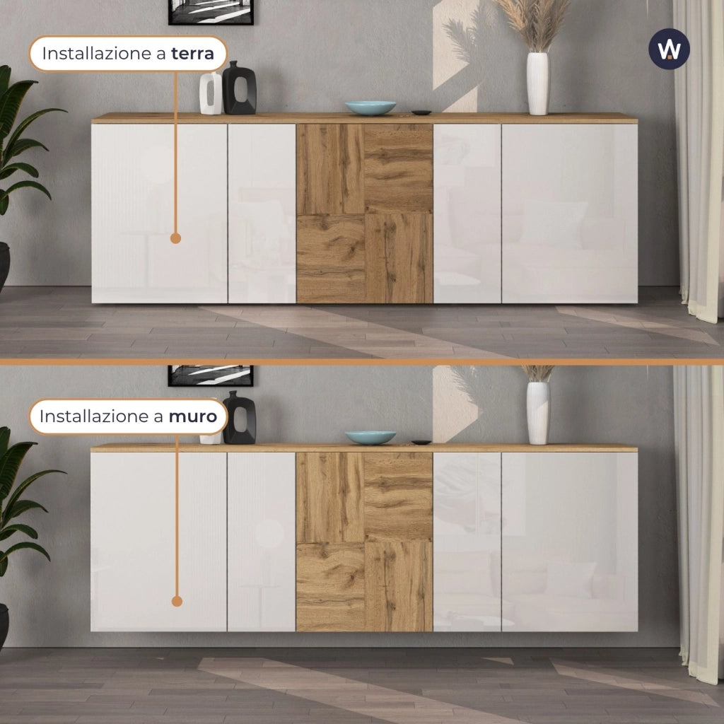 WHOUS Credenza sospesa Iseo con 5 ante e 10 scomparti interni bianco lucido e rovere 200x35x70 cm