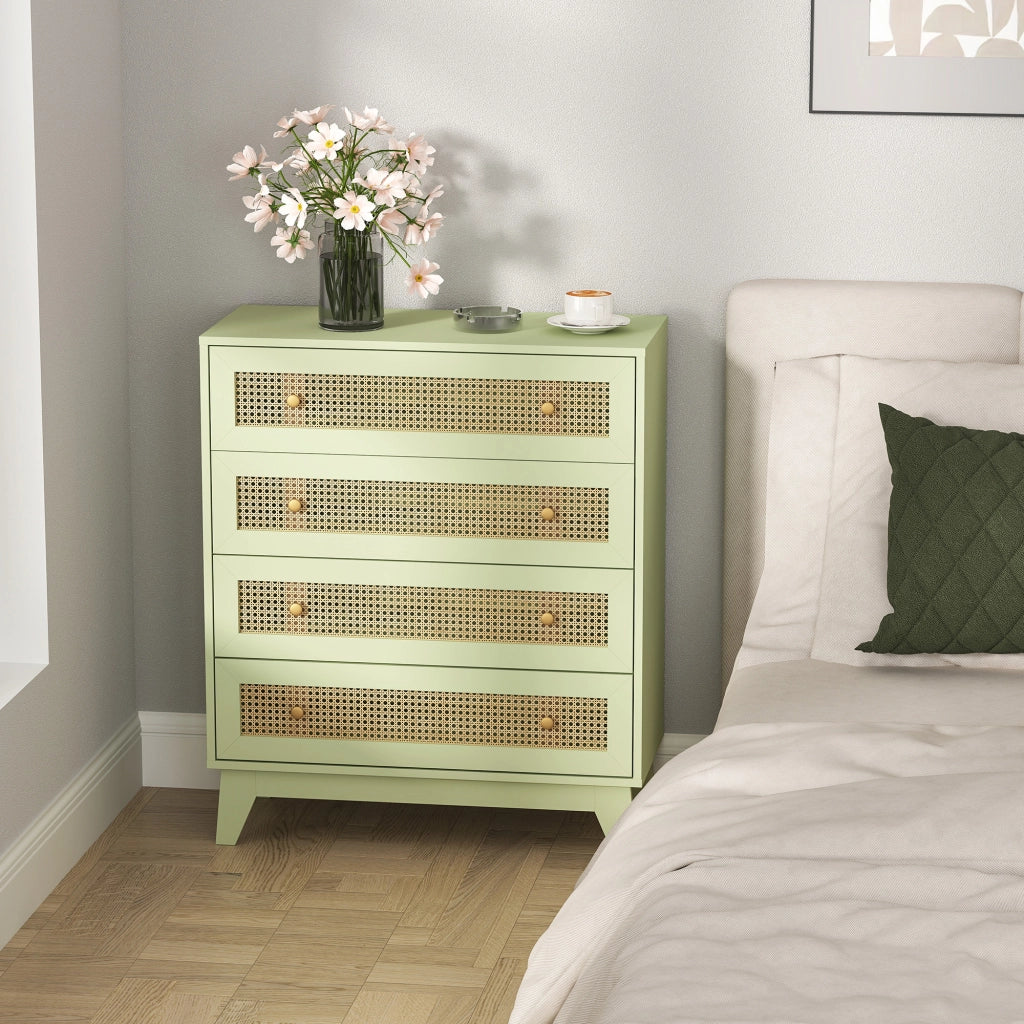 Cassettiera 4 Cassetti in Legno con Intreccio in Rattan ¨C Zephmum ¨C Effetto Legno Chiaro 80x35x95 cm Verde