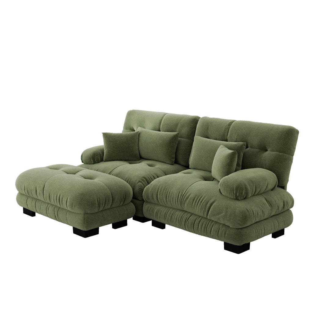 Divano modulare in chenille verde con ottoman mobili; cuscini lombari e braccioli ampi
