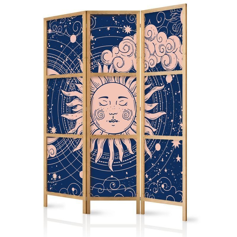 Paravento giapponese - Cosmic Harmony - Illustration of the Sun and Moon on a Navy Background Larghezza x Altezza Decor: 135x172