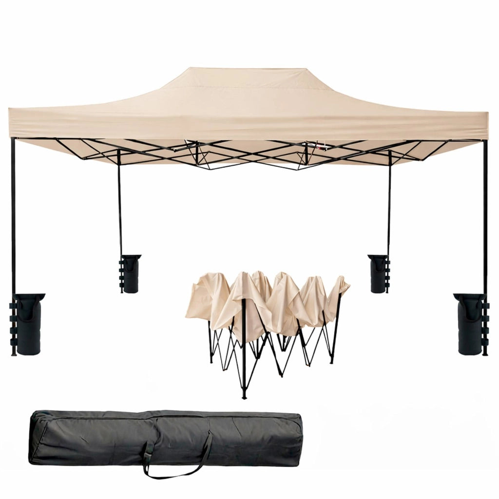 Gazebo Professionale In Acciaio Richiudibile Automatico Con Telo Oxford 1200D PVC Impermeabile E Anti UV Struttura A Fisarmonica Completo Di Sacche Zavorra E Borsa Trasporto Per Sagre Feste Eventi 3x4.5 M Beige