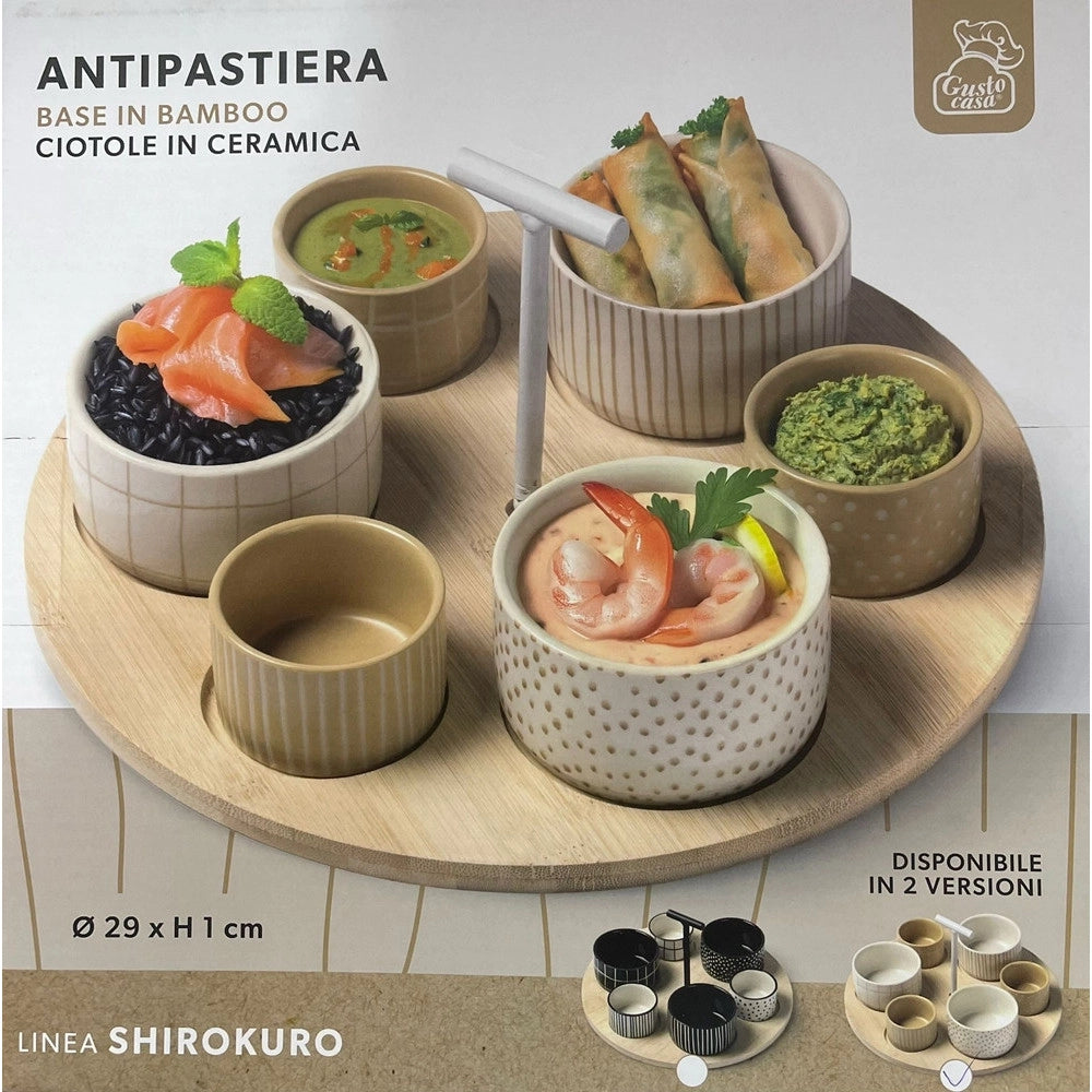 Trade Shop - Set Antipastiera Con 6 Ciotoline Su Vassoio Base In Bamboo ⌀29cm Per Antipasti Snack -