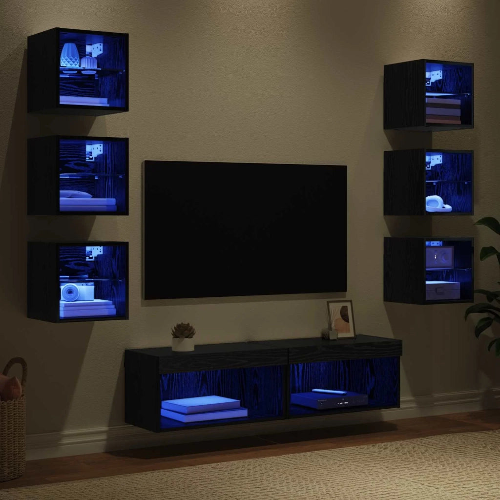 Mobile TV con luci a strisce a LED 8 pz-Credenza TV-Console TV Rovere Nero Vetro