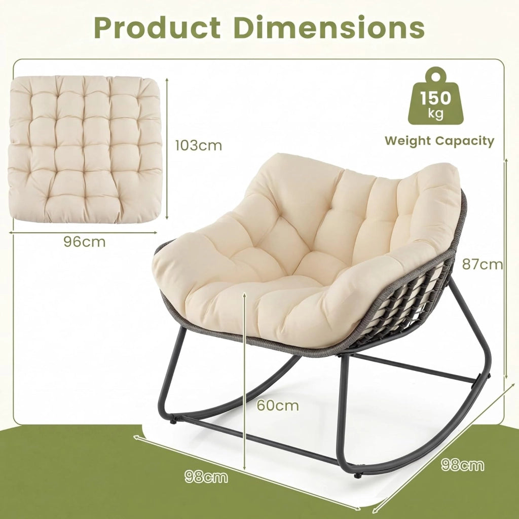 Sedia a Dondolo con Cuscino, Sedia da Relax Ampia e Avvolgente, con Struttura in Metallo, Seduta in Rattan, Cuscino Morbido Imbottito, per Soggiorno, Studio, Balcone, Nero (Beige)