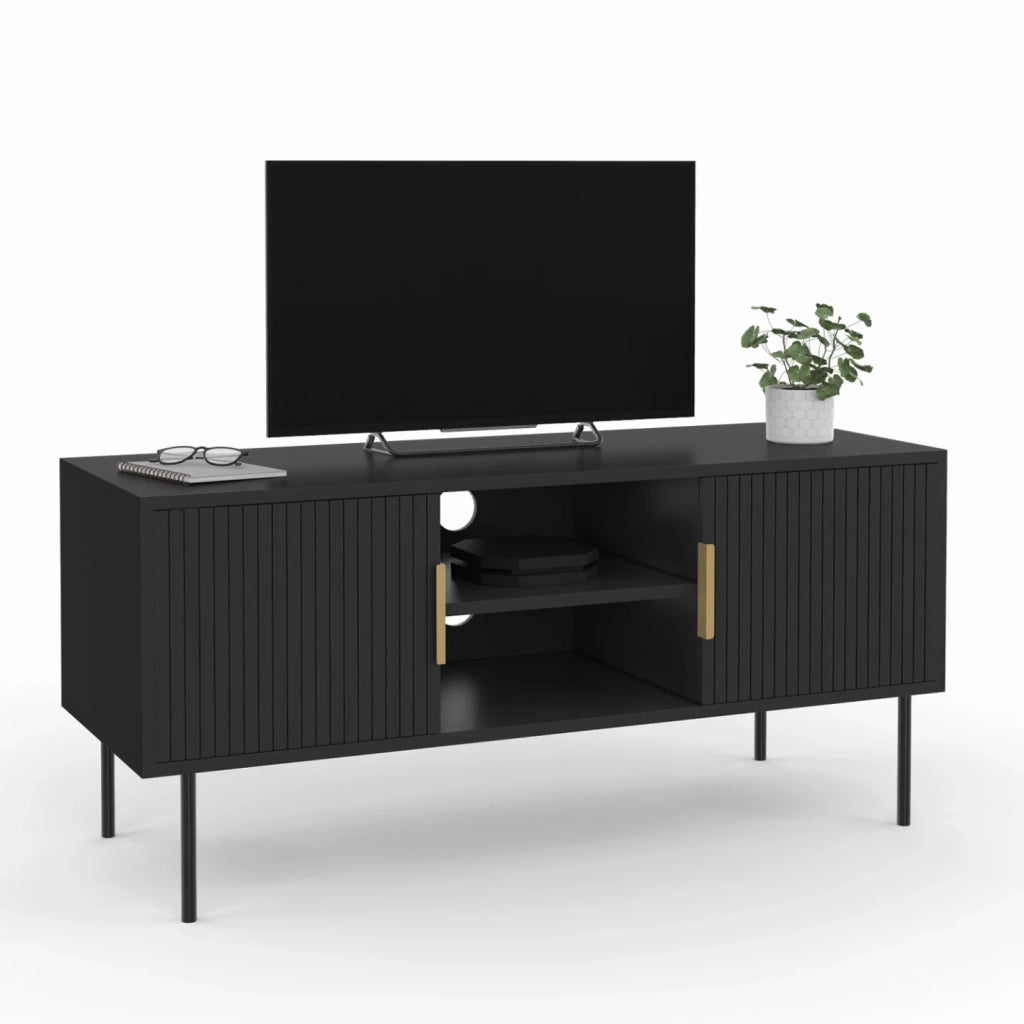 IDMarket - Porta TV MARCEL da 110 cm con 2 ante a doghe in legno nero