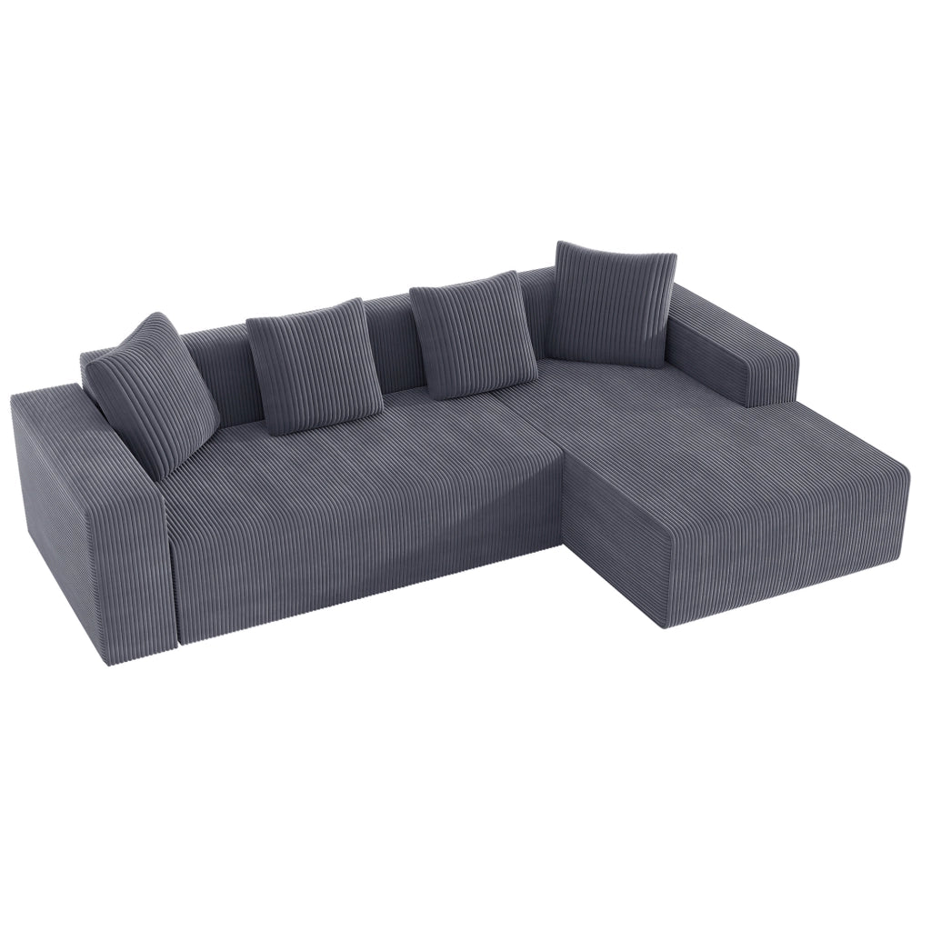 Divano modulare 261x146x65 cm con chaise longue; seduta profonda; velluto a coste grigio