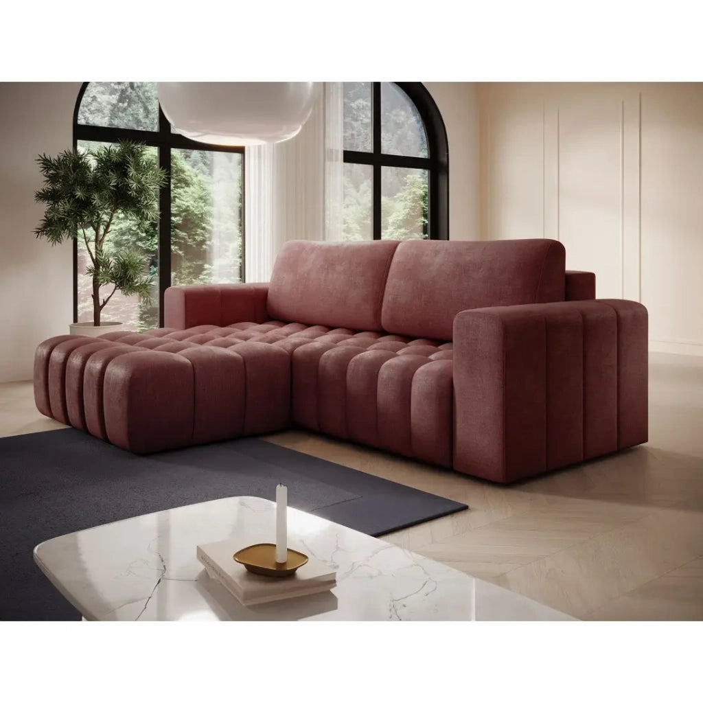 Divano angolare convertibile DORY rosa 250 cm con contenitore angolo sinistro