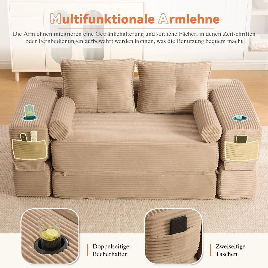 Divano letto modulare in tessuto corduroy con cuscini memory, tasche laterali e portabicchieri, khaki