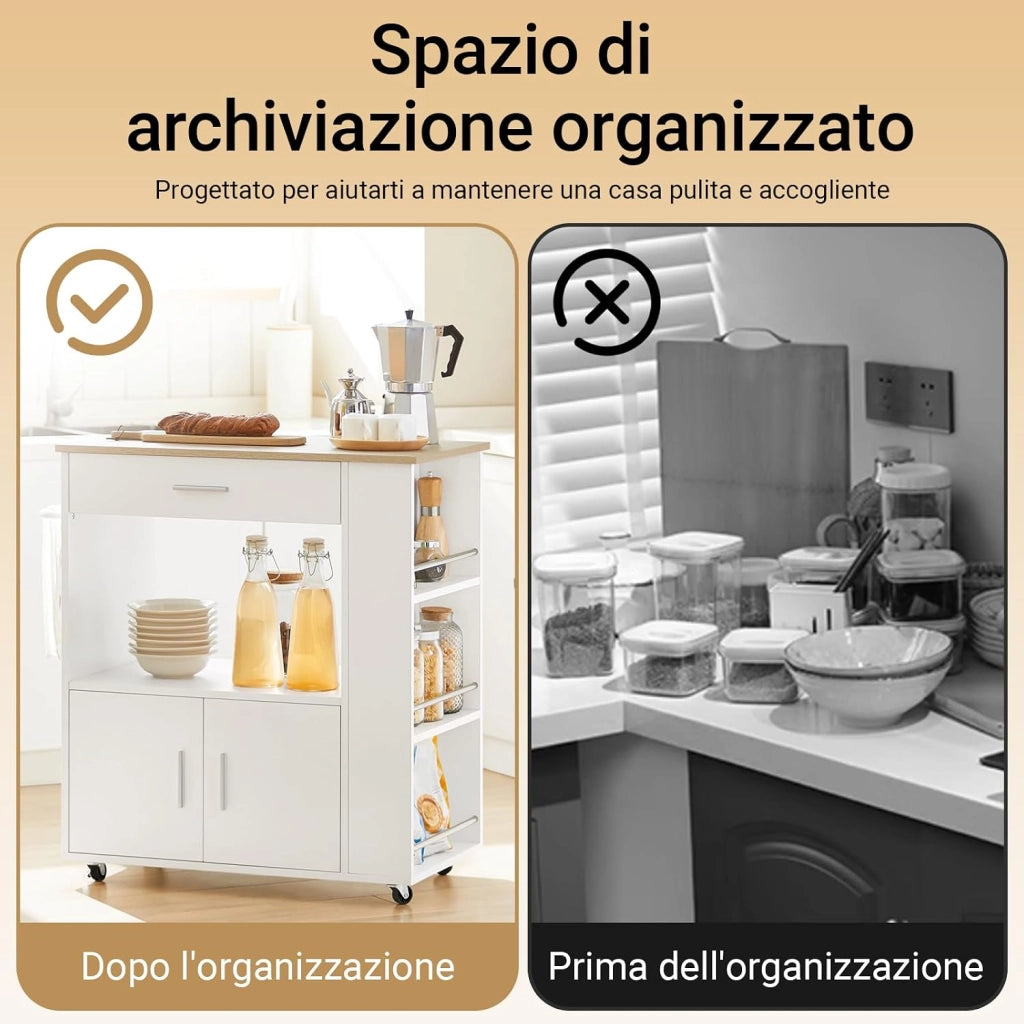 Mobile Cucina Salvaspazio Credenza Cucina Carrello Cucina con Ruote Mobiletto Cucina Dispensa Madia Cucina Mobile Cucina con Ripiani Bianco 82x46x88 cm FKW113‑WN