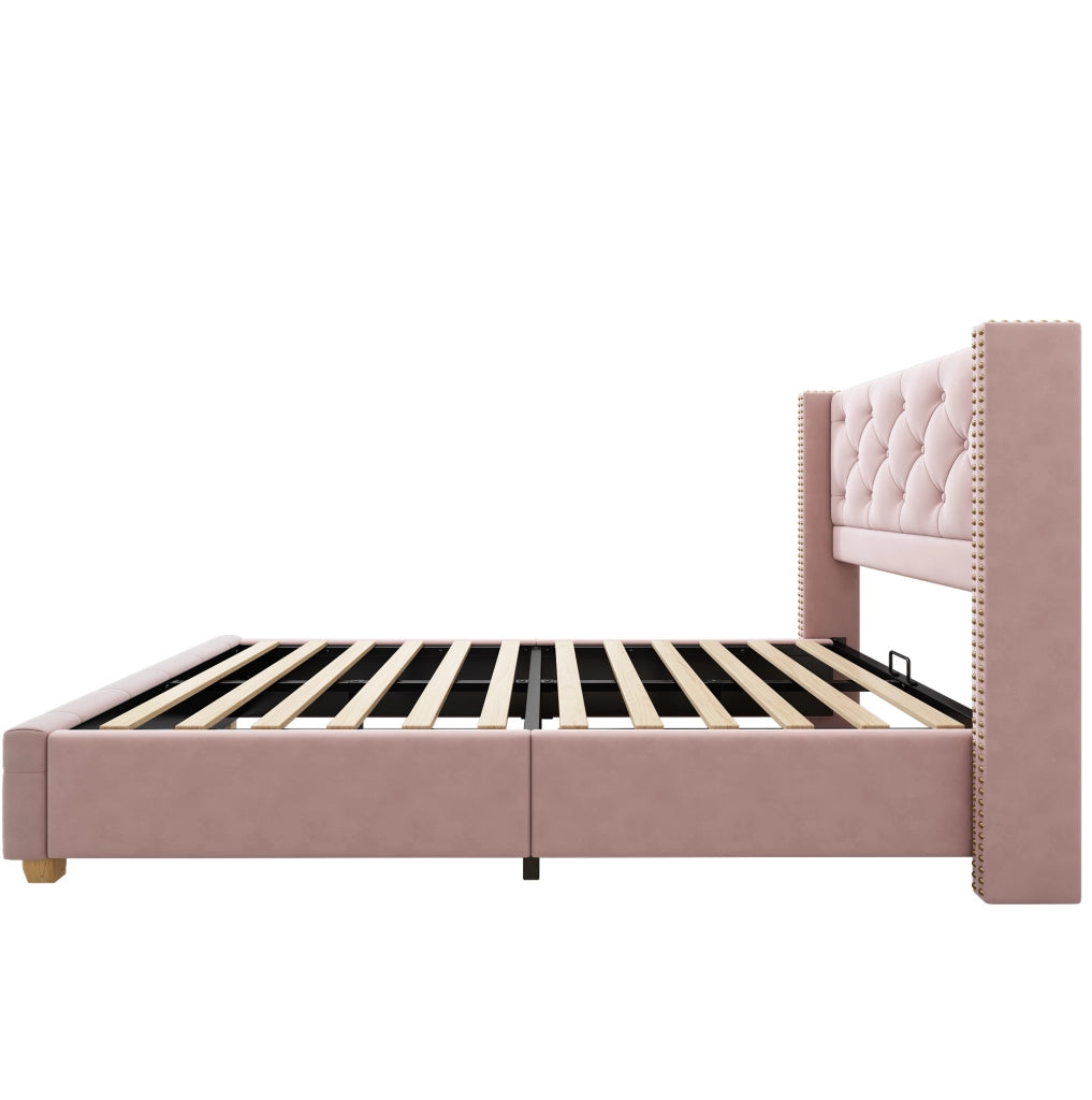 Letto imbottito 90x200 cm in velluto rosa con testiera capitonné; rete a doghe e gambe in legno