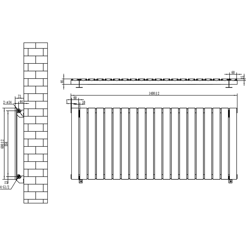 Radiatore Orizzontale Design Piatto Colonna Singola Antracite 600x1400 mm