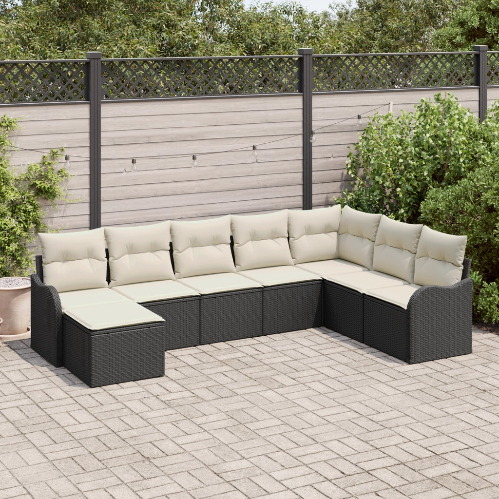 Set divano da giardino da 8 pezzi con cuscini in polyrattan nero