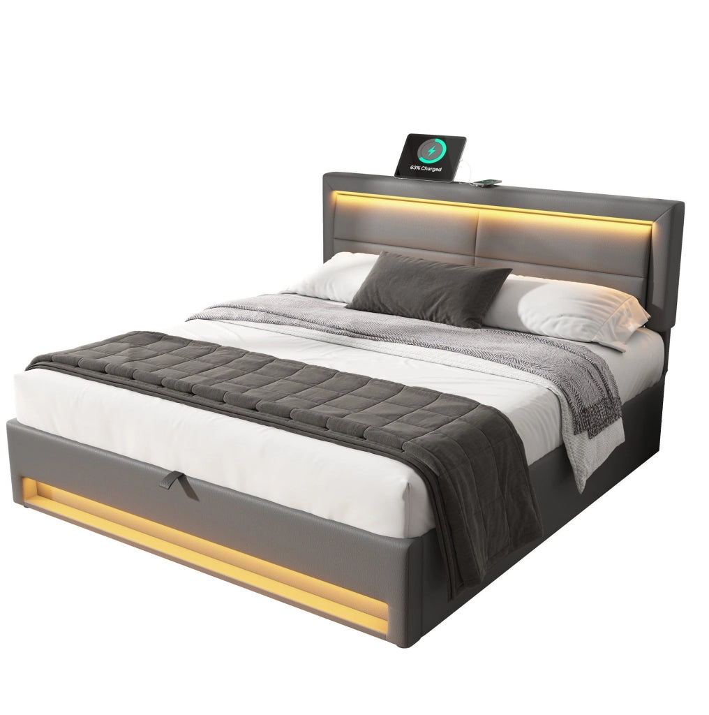 Letto imbottito 140x200 cm in PU grigio con LED e USB