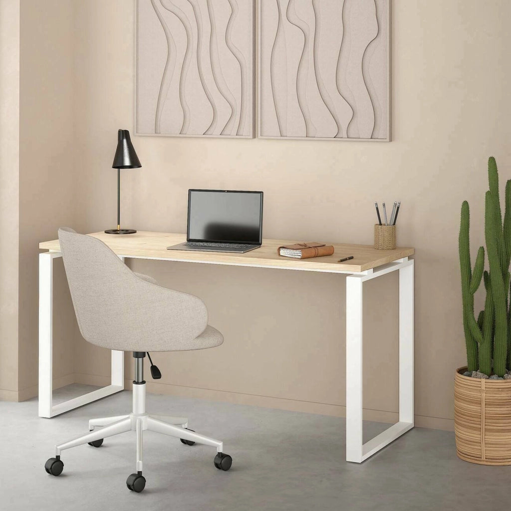 Scrivania Arignano, Scrittoio multiuso, Tavolo per ufficio porta PC, Piano di lavoro, 150x60 h76 cm, Rovere e Bianco
