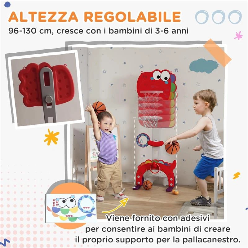 CANESTRO BASKET PER BAMBINI 5 IN 1 CON ALTEZZA REGOLABILE, PORTA DA CALCIO E GOLF, ETÓ 3-6 ANNI, ROSSO