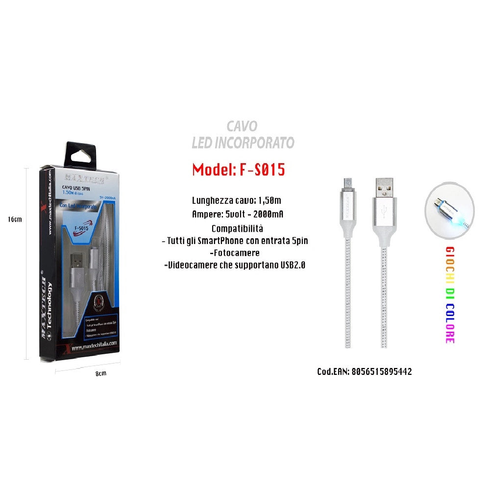 Trade Shop - Cavo Di Ricarica Usb Led Incorporato Smartphone Fotocamere 5v-2000ma 1,50mt Maxtech F-s015 -