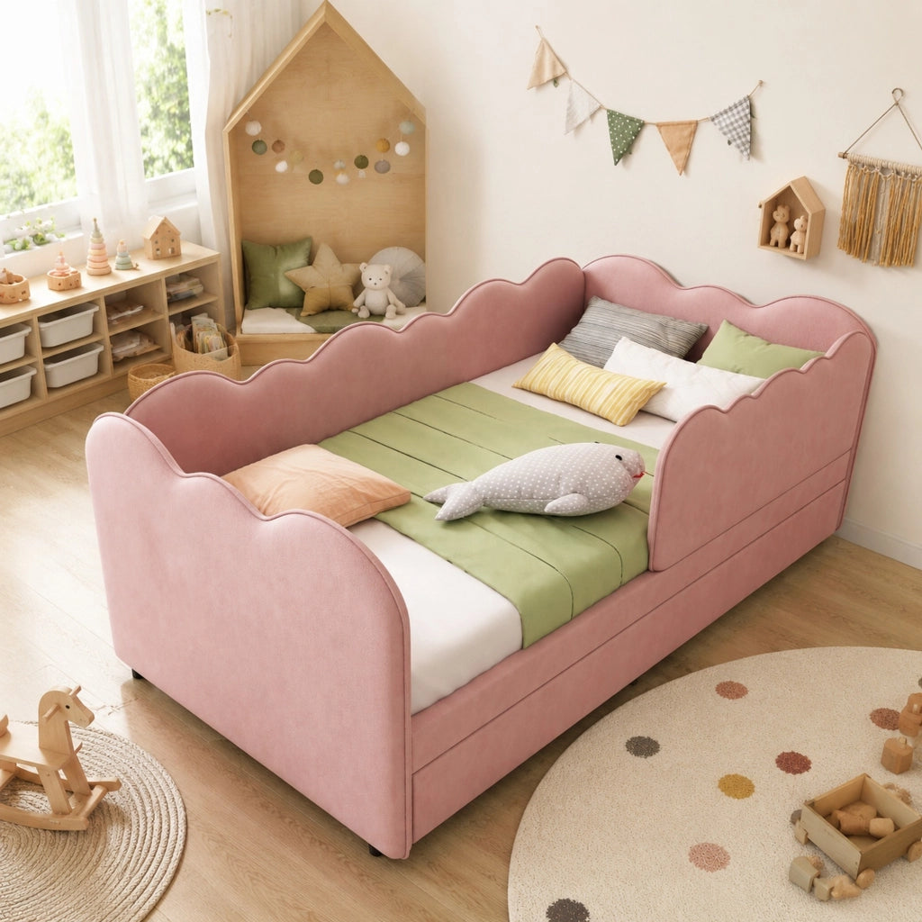 Letto singolo con letto estraibile 90x190 cm in velluto rosa