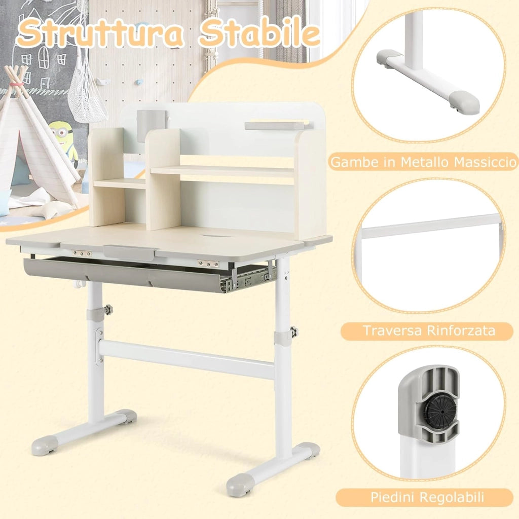 Scrivania per Bambini 3+ Anni Regolabile in Altezza 50-73 cm,Grigio | Scrivania da Studio con Piano Inclinabile 60°, Scrittoio Cameretta con Scaffale, Cassetto, Portapenne e Righello