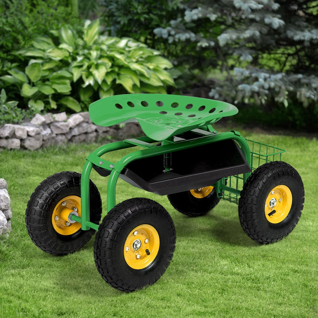 Sgabello da giardino con ruote seduta regolabile in altezza e girevole a 360¡ã cestello, Sedile per giardinaggio Verde