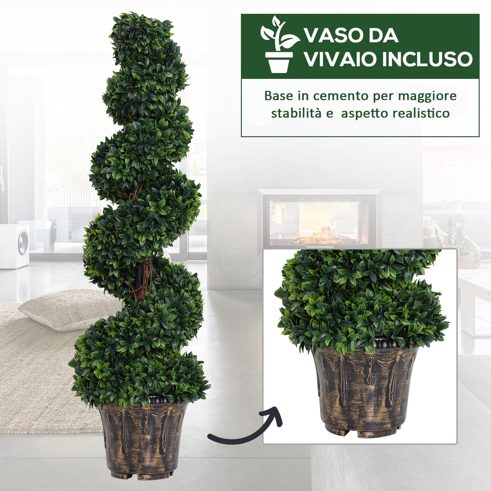 Set 2 Piante Artificiali di Bosso Ø32x120 cm a Spirale per Interni ed Esterni con Vaso Verde