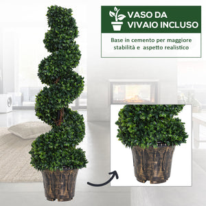 Set 2 Piante Artificiali di Bosso Ø32x120 cm a Spirale per Interni ed Esterni con Vaso Verde