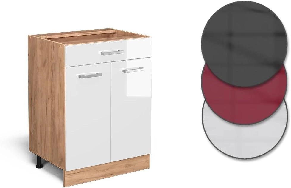 Mobiletto base per cucina R-Line, Bianco lucido, 60 cm con cassetto, senza piano di lavoro, per la libera combinazione all'interno di sistemi cucina modulari
