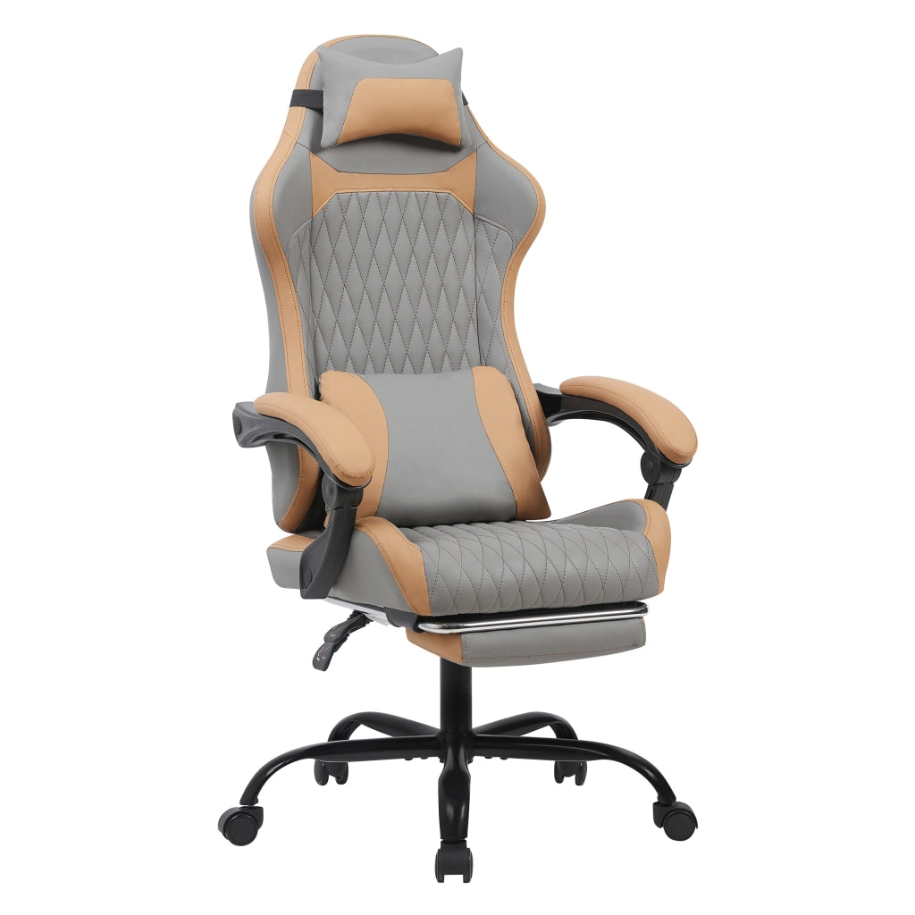 Sedia gaming ergonomica in PVC grigio e marrone con schienale imbottito, tasca posteriore e base in metallo KD