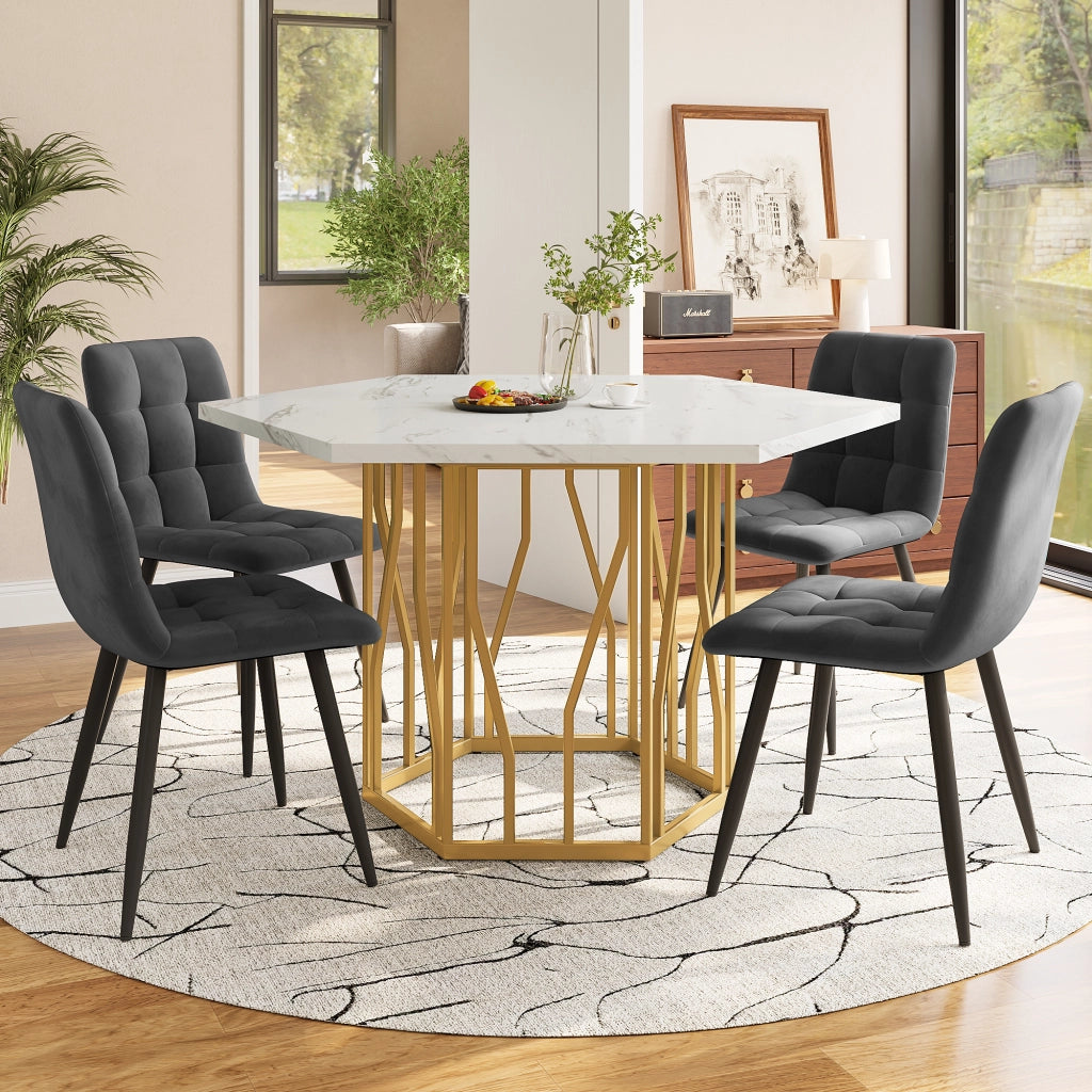Tavolo da pranzo esagonale con piano effetto marmo e base in metallo, per soggiorno, 115,5 × 100 × 75 cm