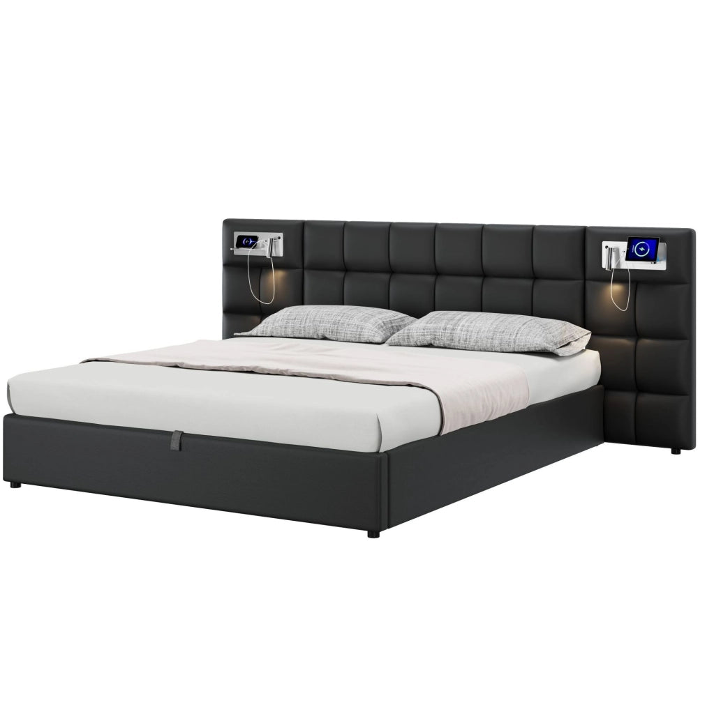 Letto imbottito 180x200 cm con contenitore, USB e ricarica wireless