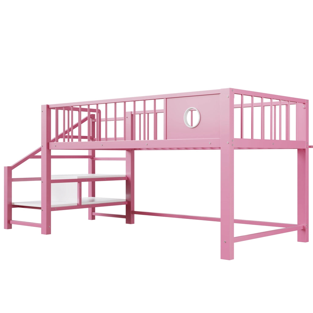 Letto a castello basso per bambini 90x200 cm in metallo con scala contenitore, Rosa