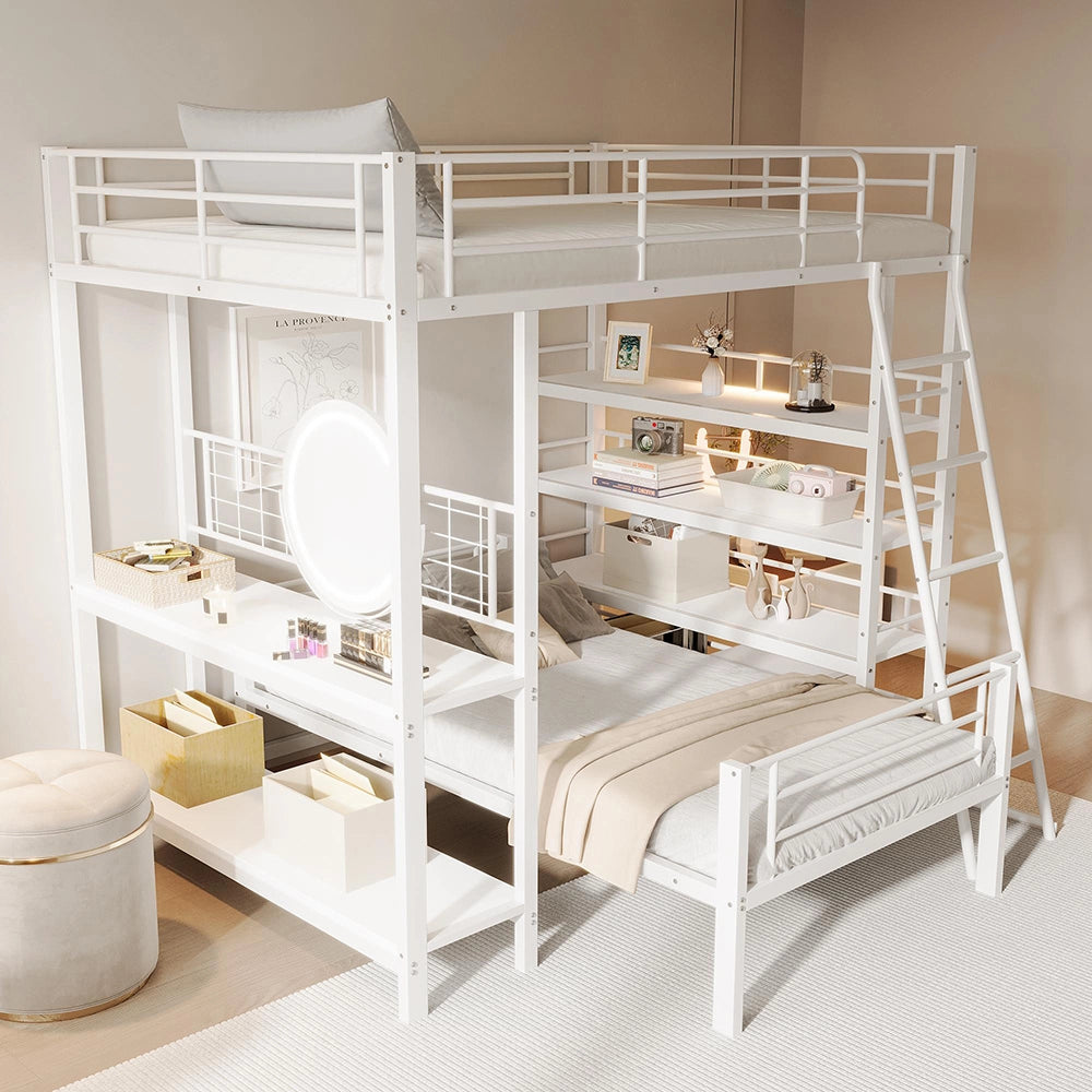 Letto mezzanino metallico 140x200cm - Xylo - bianco, ripiani integrati