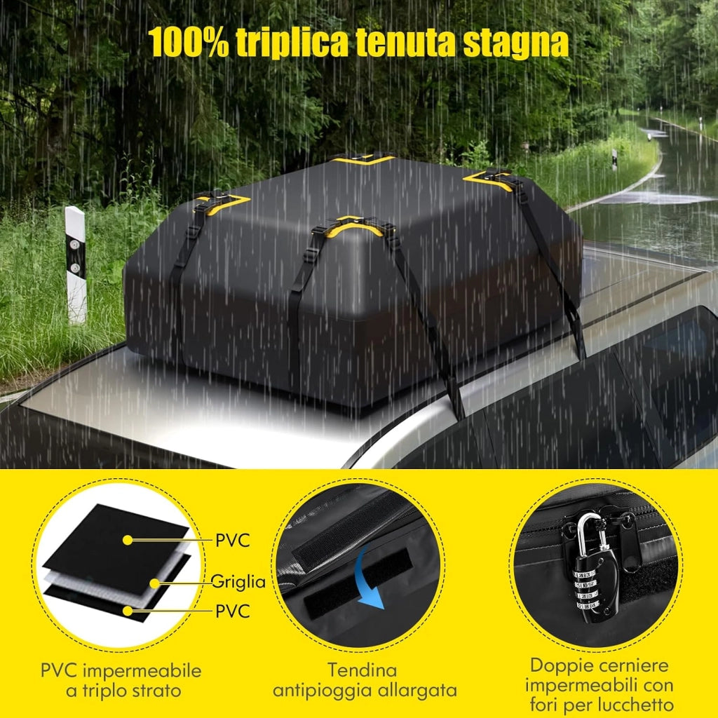Borsa da Tetto per Auto Impermeabile 15Cu.Ft/425L, Box Tetto Universale con Tappetino Antiscivolo+ 12 Cinghie+ 6 Ganci, Sacca per Auto con/senza Barre Portapacchi(Nero)