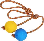 Set di 2 Palle di Gomma con Corda, Materiale Duraturo, Palla di Gomma Zoppa e Elastica per Abilità e Lancio Estremo (Diametro 5 cm, Blu + Giallo)