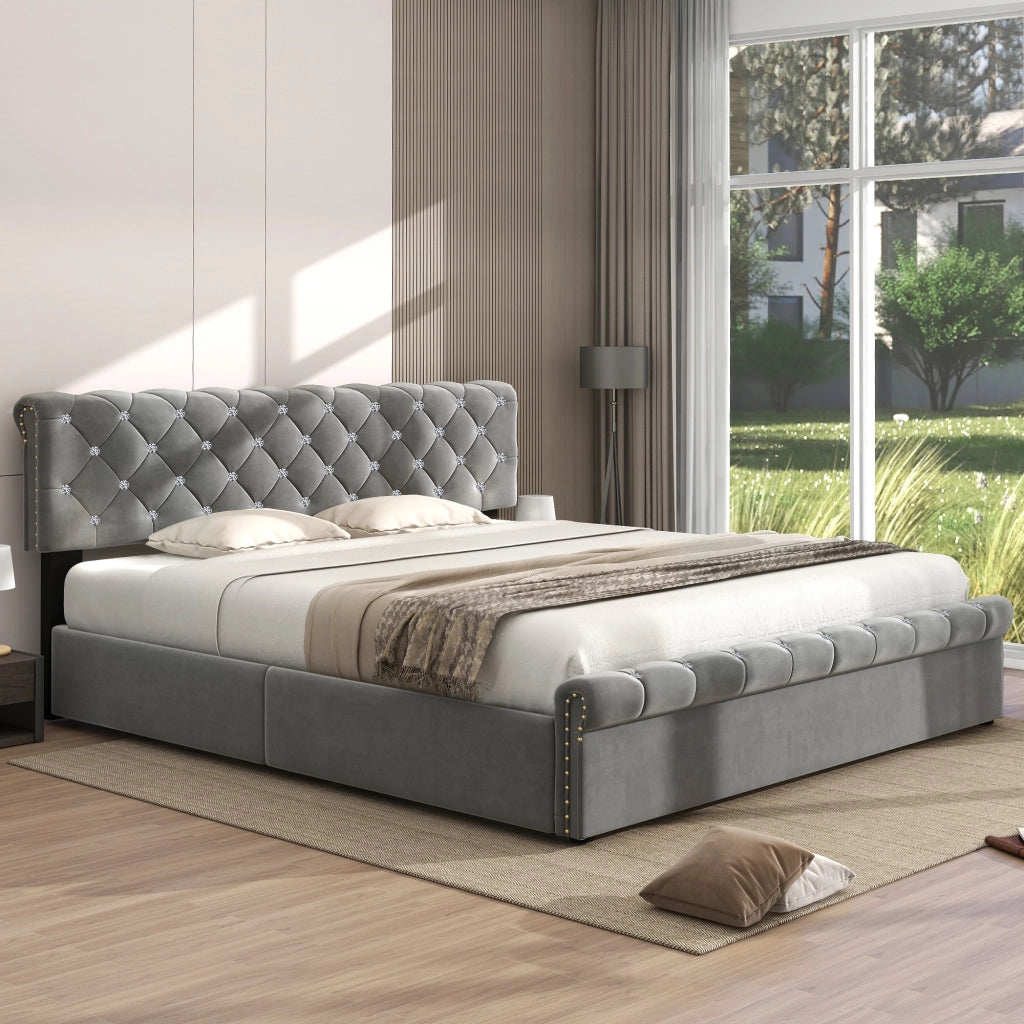 Letto imbottito 160x200 cm in velluto grigio con contenitore e testiera regolabile