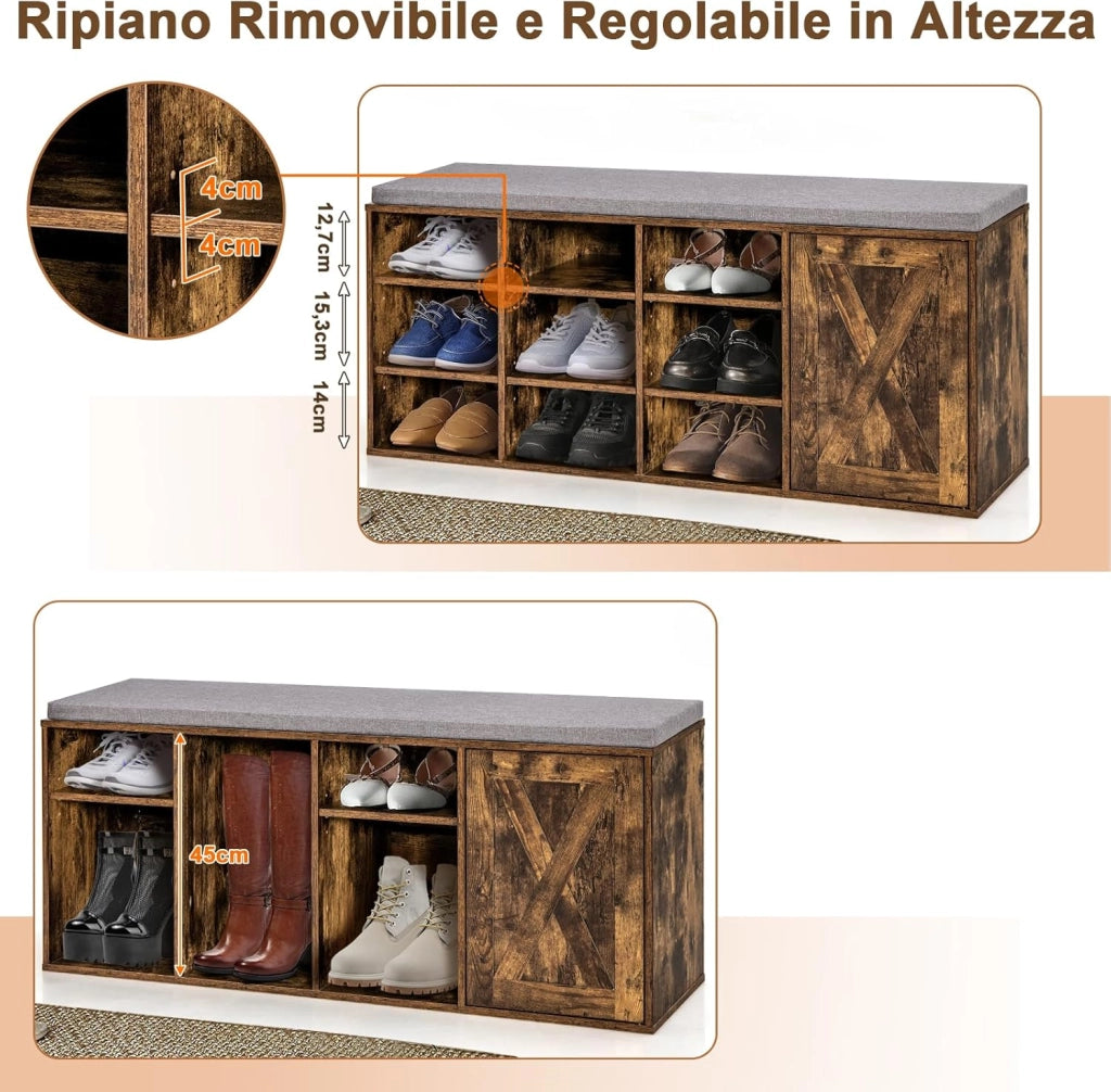 Panca Scarpiera da Ingresso, Scarpiera con Seduta Imbottito, 9 Scomparti e Armadio con Ante, Panca Contenitore con Ripiani Regolabili, per Camera da Letto Corridoio, 110,5x30x49 cm (Marrone)