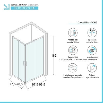 Box doccia 80x100 angolare doppio scorrevole con vetro temperato opaco e profili cromo Geo